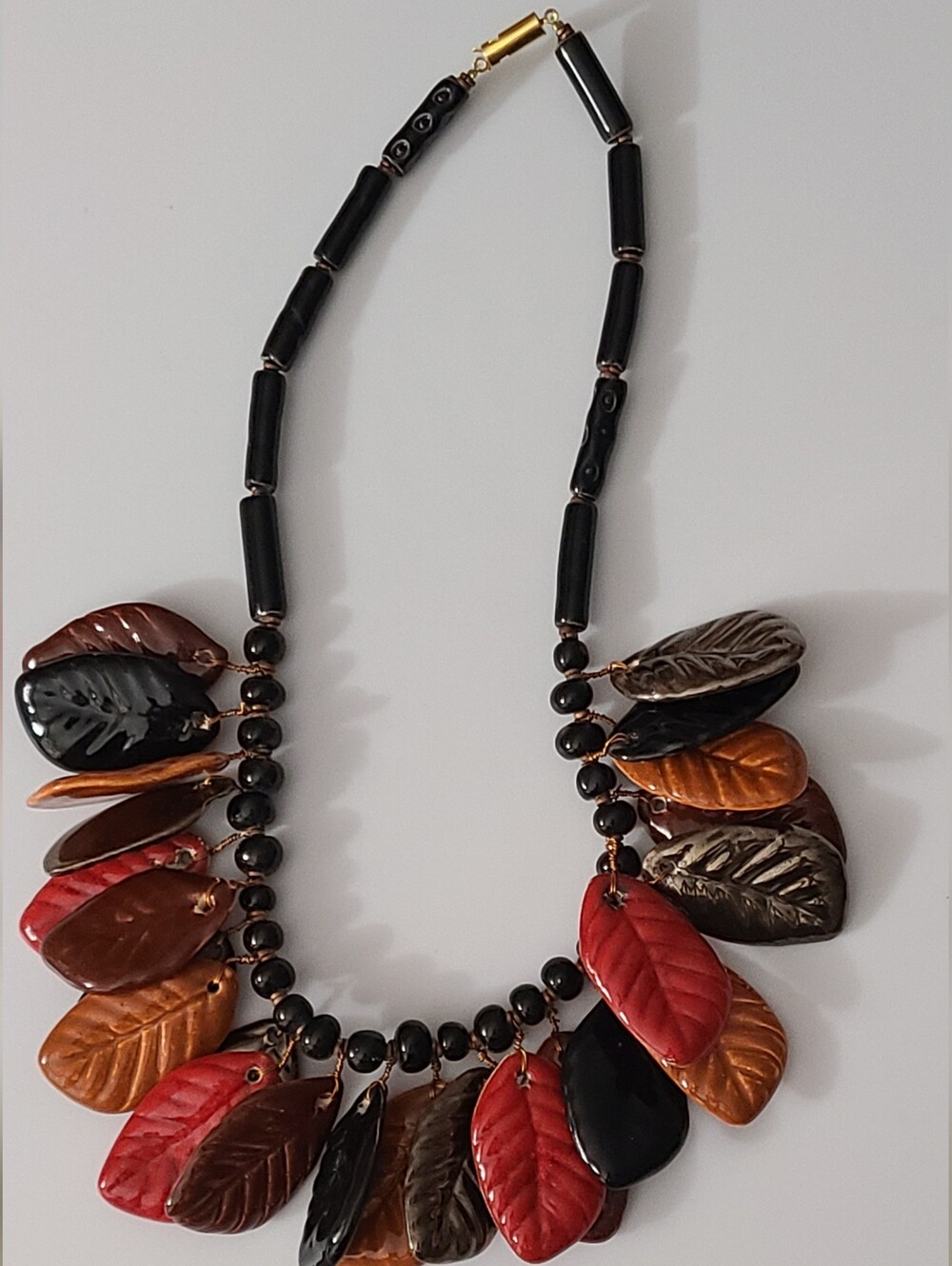 Vintage Pottery Leafs Necklace Glazed Autumn Fall Hand Painted Handmade Estate
